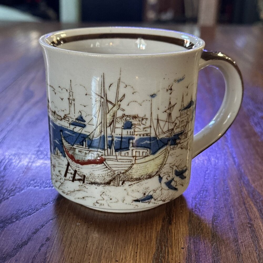 Vintage Coffee Mug Speckled‎ Otagiri Japan Fishing Boats Seagulls Beach Sun